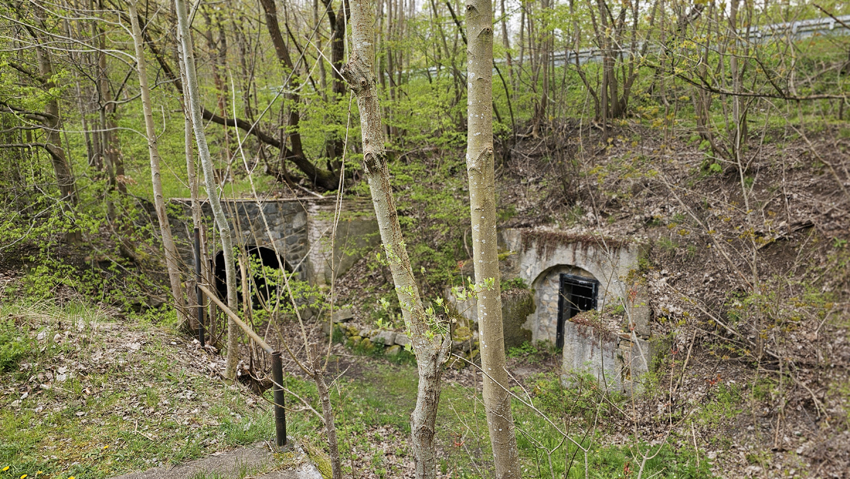 Min-Geo Rechts neben dem, heute verwahrten Tunnel der Erz-Eisenbahn ist der Förderstollen der Grube noch gut zu erkennen.